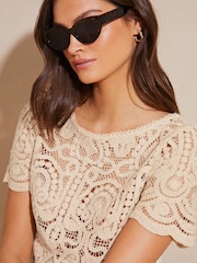 Lipsy Natural Crew Neck Short Sleeves Crochet T-Shirt - Image 4 of 4