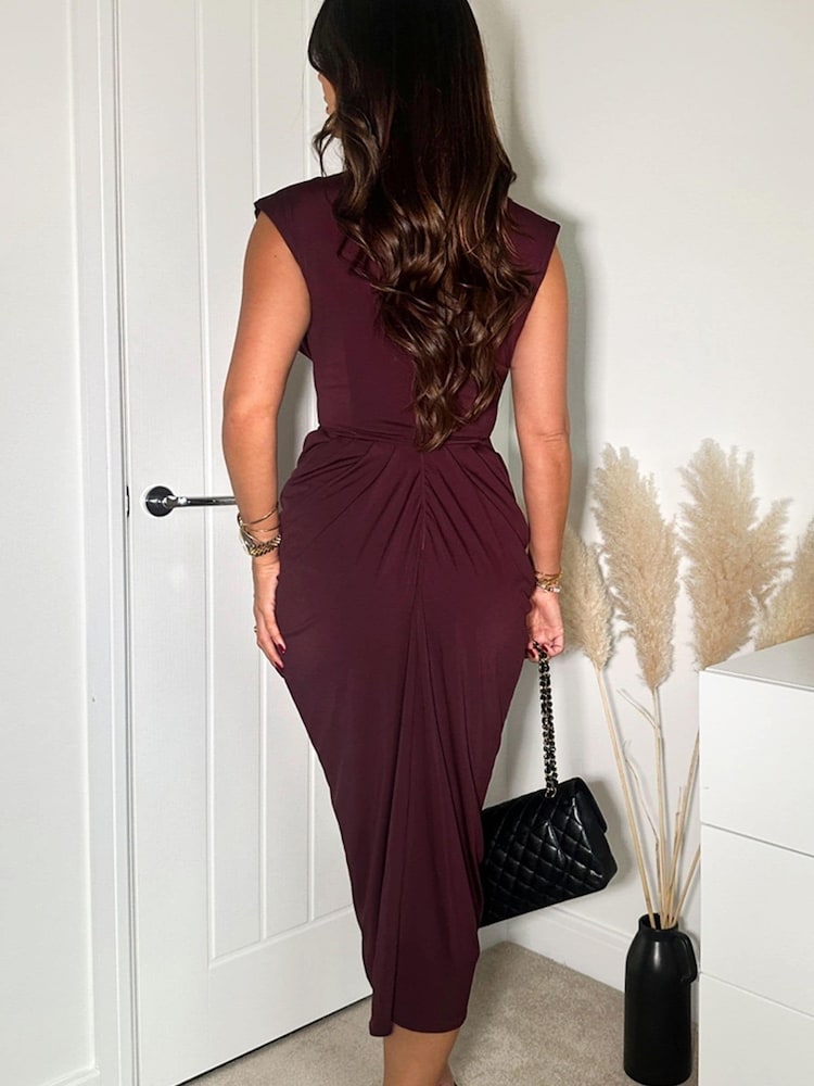 AX Paris Purple Plum Wrap Draped Midi Dress - Image 2 of 4 AX Paris Purple Plum Wrap Draped Midi Dress - Image 2 of 4