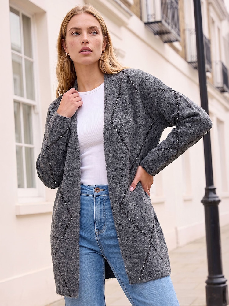 Roman Grey Sparkle Argyle Cardigan - Image 1 of 4 Roman Grey Sparkle Argyle Cardigan - Image 1 of 4