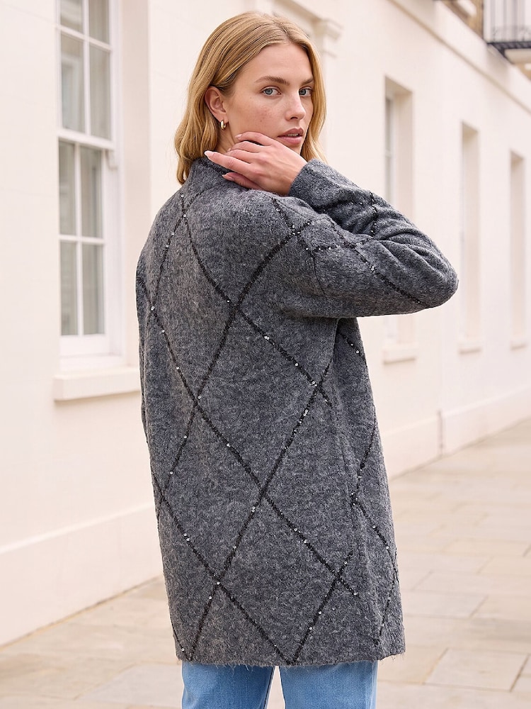 Roman Grey Sparkle Argyle Cardigan - Image 2 of 4 Roman Grey Sparkle Argyle Cardigan - Image 2 of 4