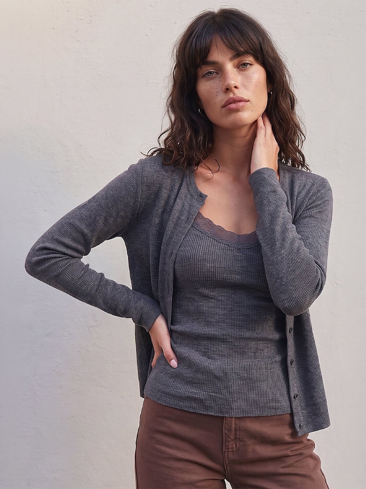 Roman Grey Lace Trim Cardigan - Image 1 of 4 Roman Grey Lace Trim Cardigan - Image 1 of 4