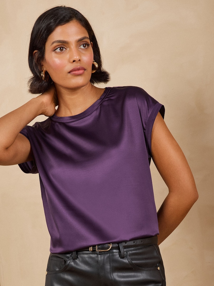 Love & Roses Purple Satin Front Jersey Back T-Shirt - Image 1 of 4 Love & Roses Purple Satin Front Jersey Back T-Shirt - Image 1 of 4