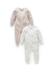Purebaby Cream 100% Cotton Zip Baby Sleepsuits 2 Pack - Image 1 of 9