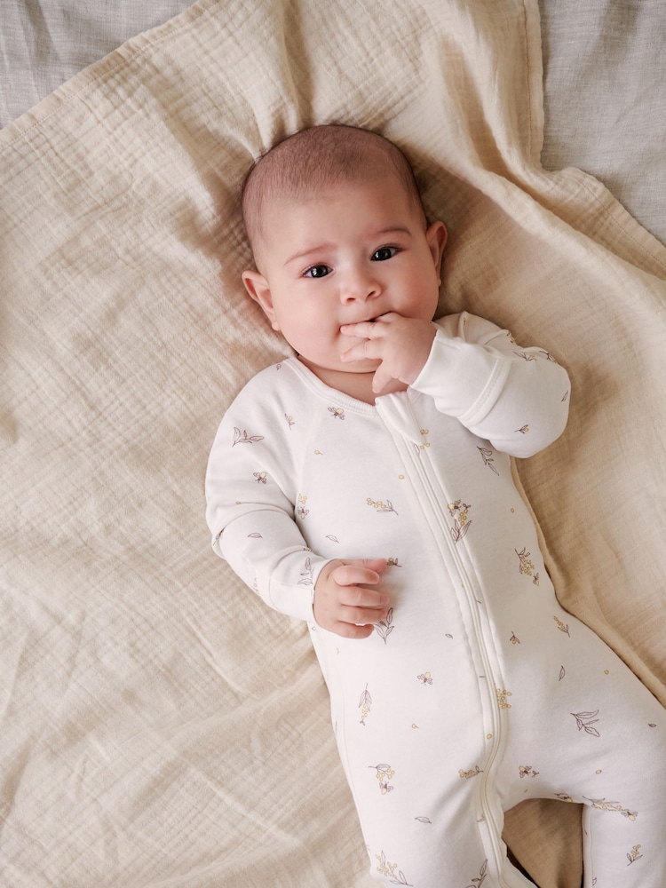 Purebaby Cream 100% Cotton Zip Baby Sleepsuits 2 Pack - Image 2 of 9
