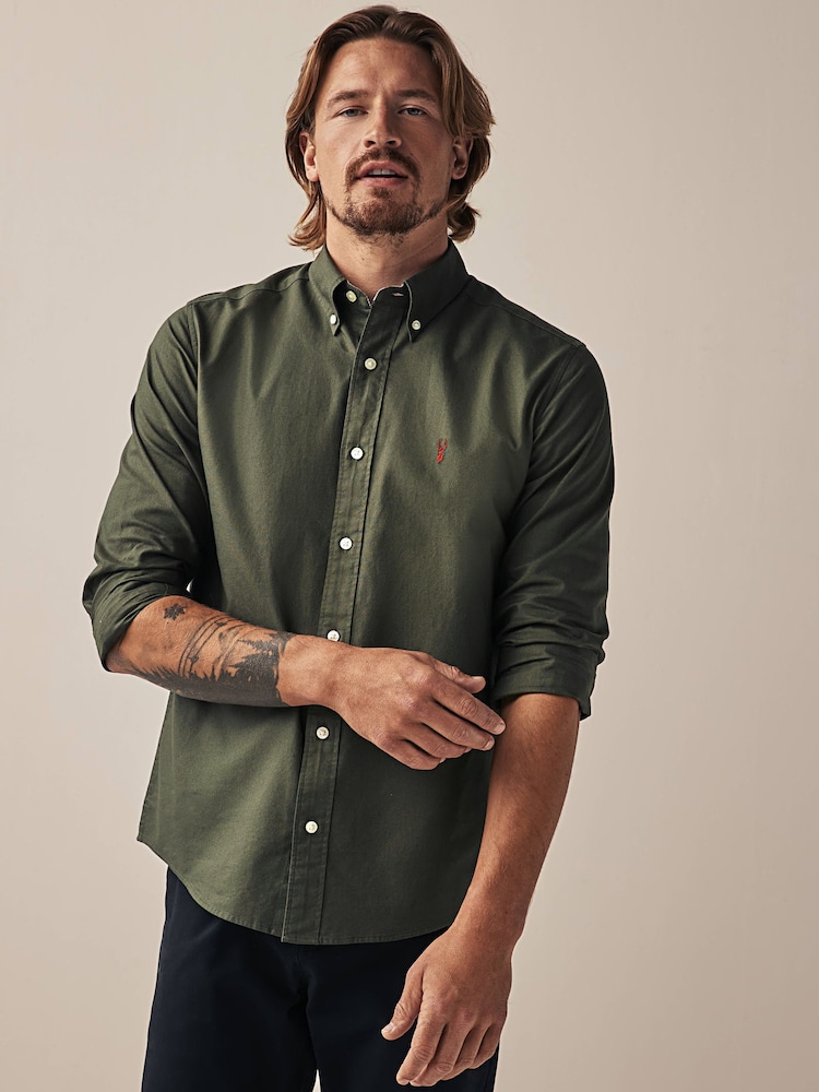 Dark Green Regular Fit Long Sleeve Oxford 100% Cotton Shirt - Image 1 of 6