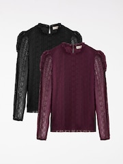 Love & Roses Black and Purple Long Sleeve Lace Top - Image 1 of 7
