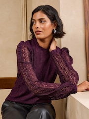 Love & Roses Black and Purple Long Sleeve Lace Top - Image 2 of 7