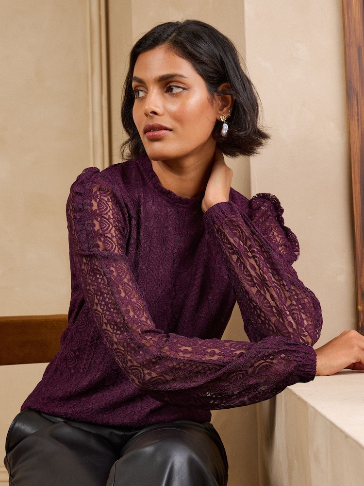 Love & Roses Black and Purple Long Sleeve Lace Top - Image 2 of 7