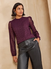Love & Roses Black and Purple Long Sleeve Lace Top - Image 5 of 7