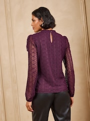 Love & Roses Black and Purple Long Sleeve Lace Top - Image 6 of 7