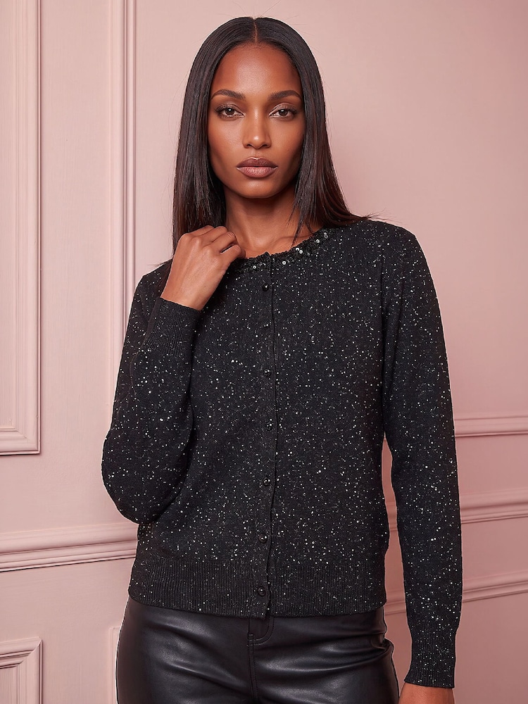 Roman Black Sequin Crew Cardigan - Image 1 of 4 Roman Black Sequin Crew Cardigan - Image 1 of 4