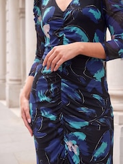 Roman Blue Ruched Floral Dress - Image 2 of 4