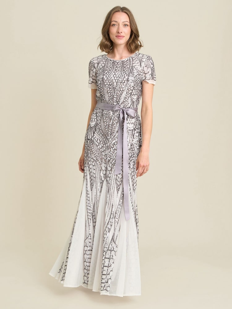 Gina Bacconi White Mindi Embroidered Sequin Godet Maxi Dress - Image 1 of 5 Gina Bacconi White Mindi Embroidered Sequin Godet Maxi Dress - Image 1 of 5