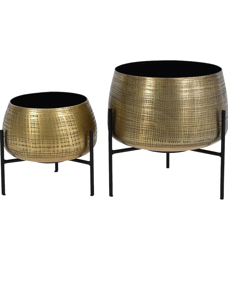 Libra Brass Clyde Tabletop Brass Set of 2 Planters on Black Stands - Image 2 of 4