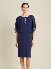 Gina Bacconi Blue Diamante Trim Chiffon Cape Dress - Image 1 of 6