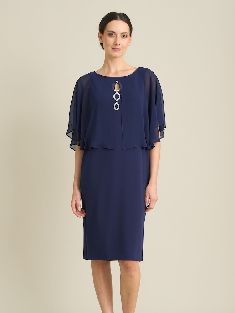 Gina Bacconi Blue Diamante Trim Chiffon Cape Dress - Image 1 of 6 Gina Bacconi Blue Diamante Trim Chiffon Cape Dress - Image 1 of 6