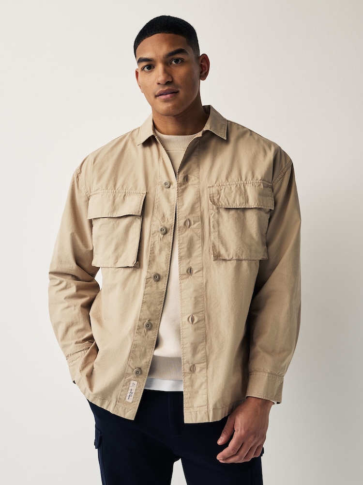 Stone 100% Cotton Ripstop Twin Pocket Shacket Overshirt - Image 1 of 8 Stone 100% Cotton Ripstop Twin Pocket Shacket Overshirt - Image 1 of 8