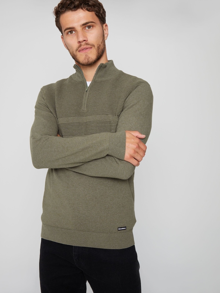 Threadbare Khaki Rib Detail Knitted Quarter Zip Jumper - Image 1 of 4