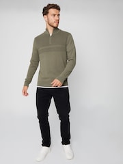 Threadbare Khaki Rib Detail Knitted Quarter Zip Jumper - Image 3 of 4