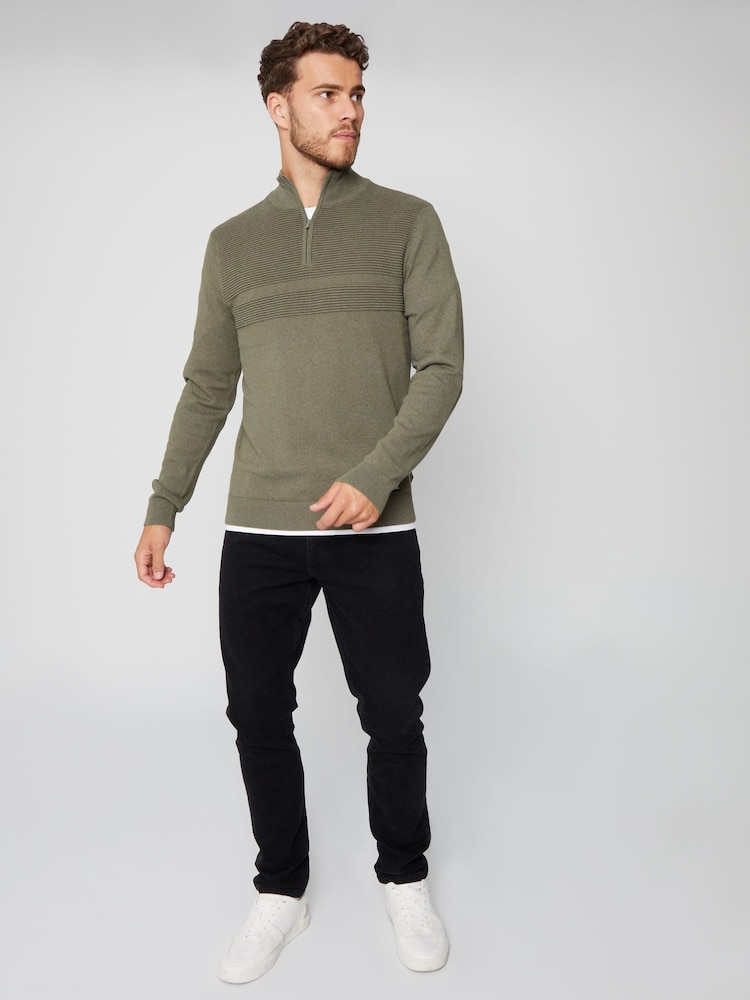 Threadbare Khaki Rib Detail Knitted Quarter Zip Jumper - Image 3 of 4