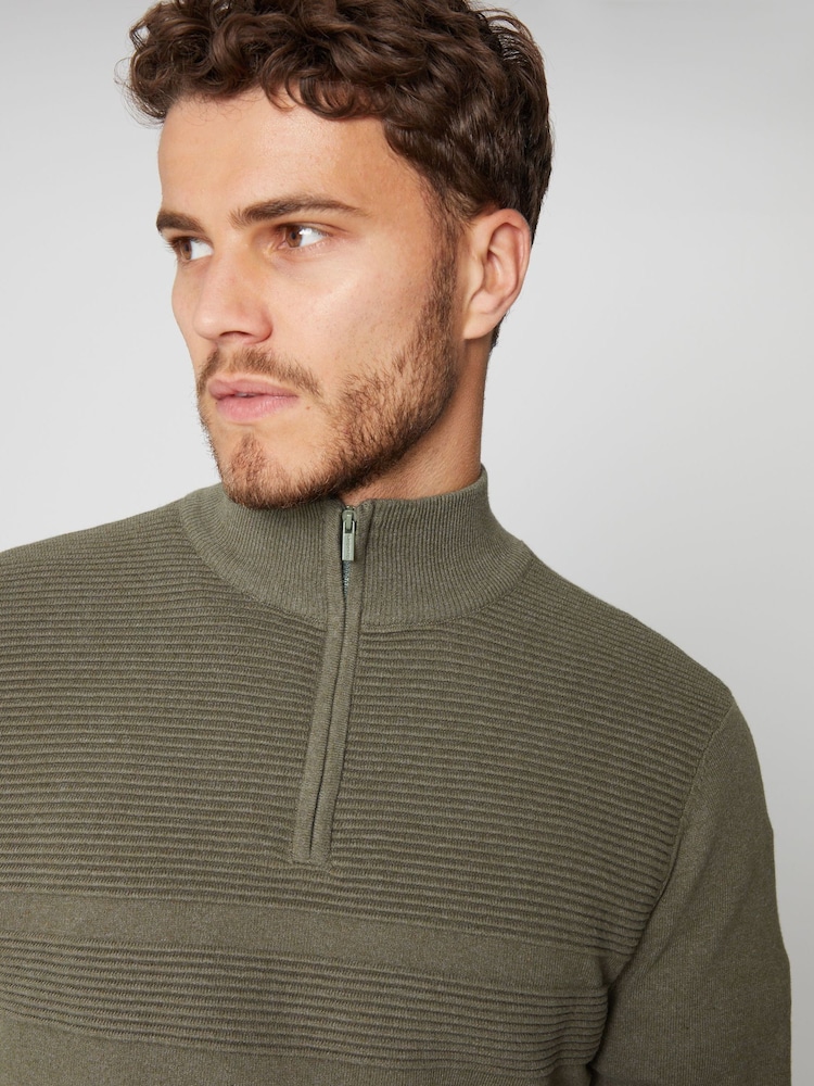 Threadbare Khaki Rib Detail Knitted Quarter Zip Jumper - Image 4 of 4