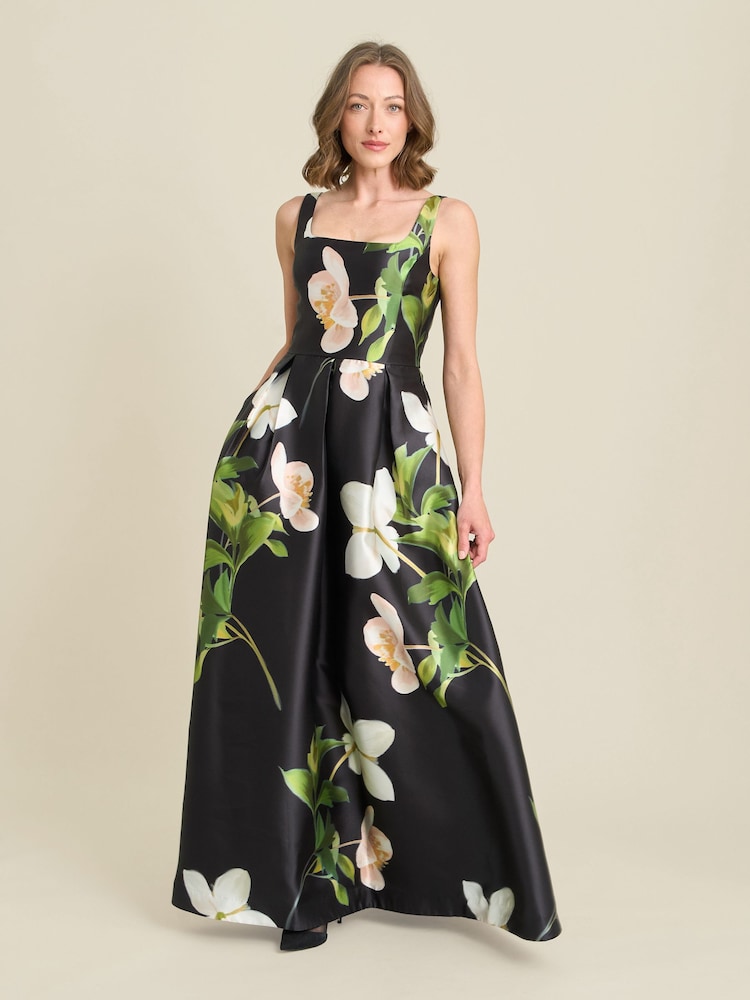 Gina Bacconi Black Serena Floral Satin Maxi Dress - Image 1 of 6 Gina Bacconi Black Serena Floral Satin Maxi Dress - Image 1 of 6