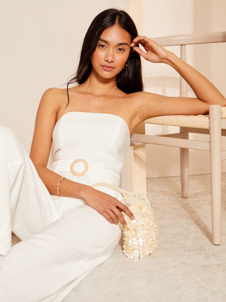 Friends Like These Ivory White Bandaeau Linen Look Raffia Belted Jumpsuit - Image 2 of 4 Friends Like These Ivory White Bandaeau Linen Look Raffia Belted Jumpsuit - Image 2 of 4