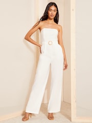 Friends Like These Ivory White Bandaeau Linen Look Raffia Belted Jumpsuit - Image 3 of 4