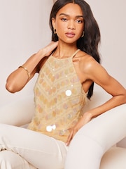 Lipsy Cream Disc Sequin Halterneck Vest - Image 1 of 4