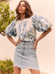 Lipsy Blue Puff Sleeve Linen Blouse - Image 1 of 4