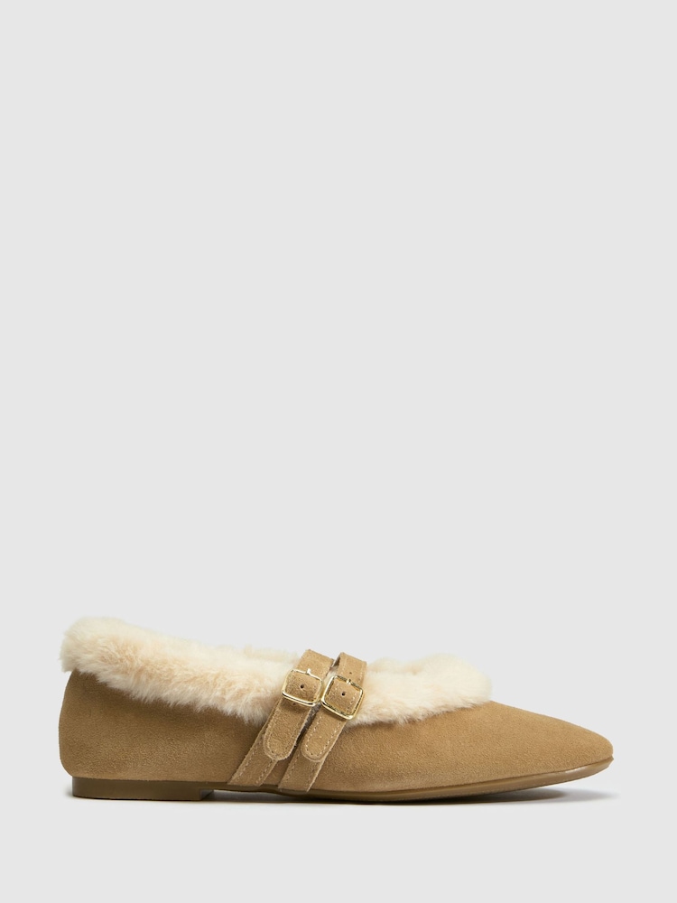 Schuh Brown/Cream Leni Suede Shearling Ballet Shoes - Image 1 of 4