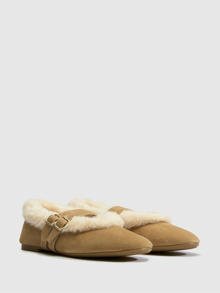Schuh Brown/Cream Leni Suede Shearling Ballet Shoes - Image 2 of 4
