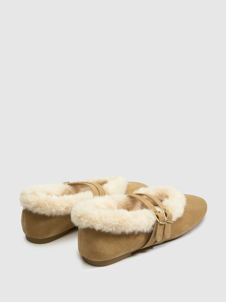Schuh Brown/Cream Leni Suede Shearling Ballet Shoes - Image 4 of 4