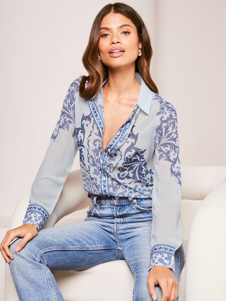 Lipsy Blue Chiffon Long Sleeve Button Through Blouse - Image 1 of 4
