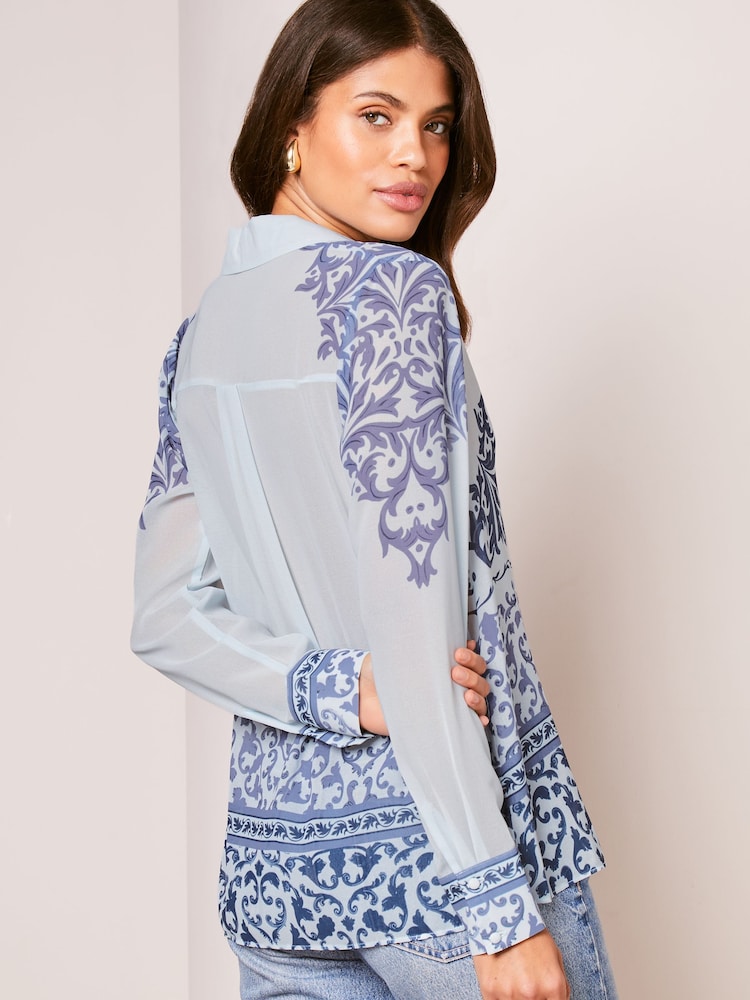 Lipsy Blue Chiffon Long Sleeve Button Through Blouse - Image 2 of 4