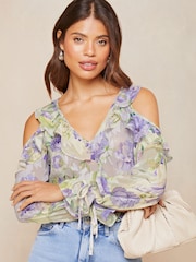 Lipsy Blue Ruffle Long Sleeve Cold Shoulder Blouse - Image 1 of 4