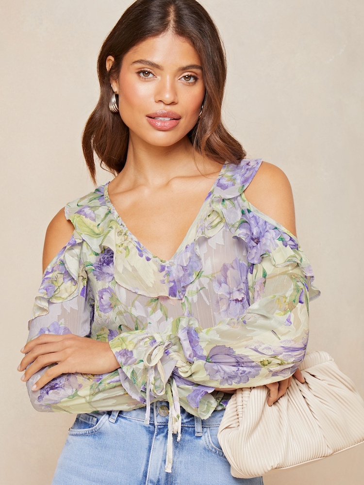 Lipsy Blue Ruffle Long Sleeve Cold Shoulder Blouse - Image 1 of 4