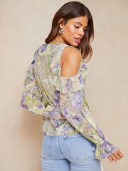Lipsy Blue Ruffle Long Sleeve Cold Shoulder Blouse - Image 2 of 4