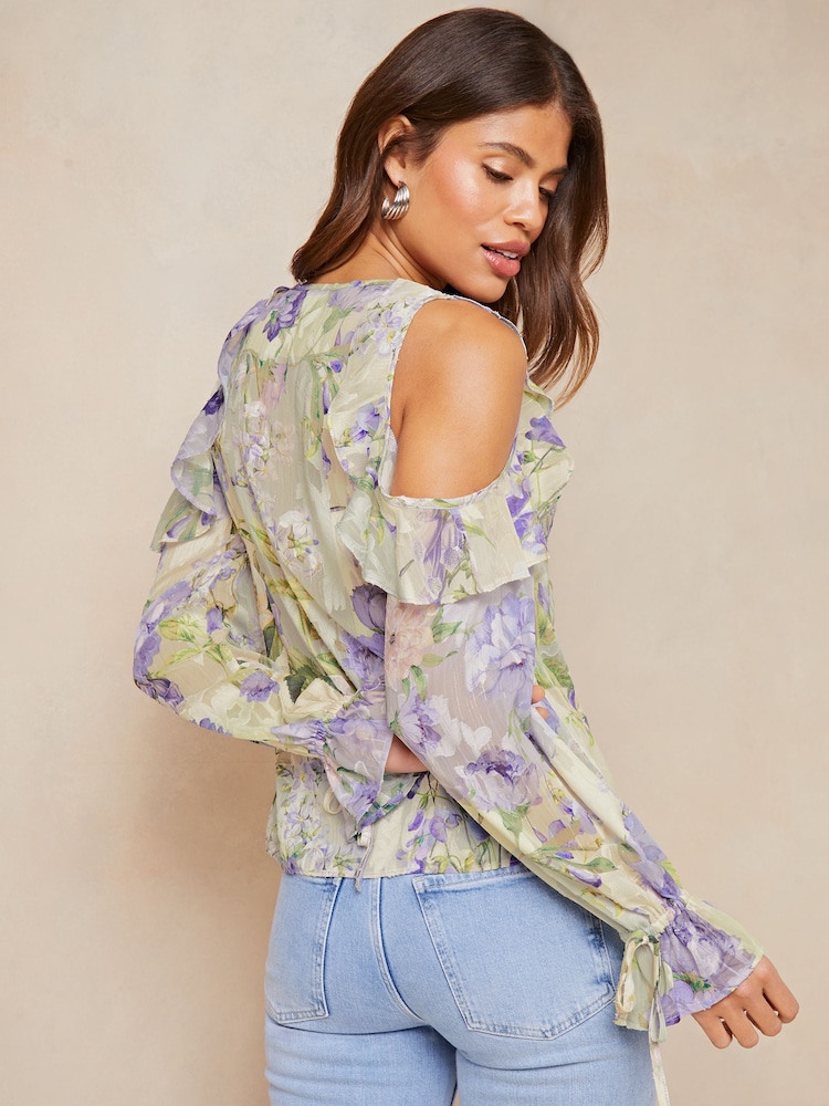 Lipsy Blue Ruffle Long Sleeve Cold Shoulder Blouse - Image 2 of 4