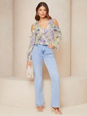 Lipsy Blue Ruffle Long Sleeve Cold Shoulder Blouse - Image 3 of 4