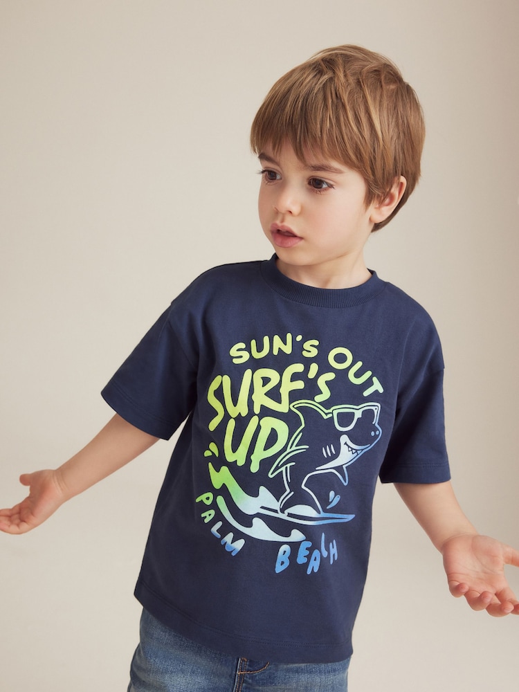 Navy Shark 100% Cotton Short Sleeve Character T-Shirt (3mths-7yrs) - Image 1 of 3