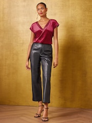 Love & Roses Burgundy Red Satin Tipped V-Neck Velvet T-Shirt - Image 3 of 4