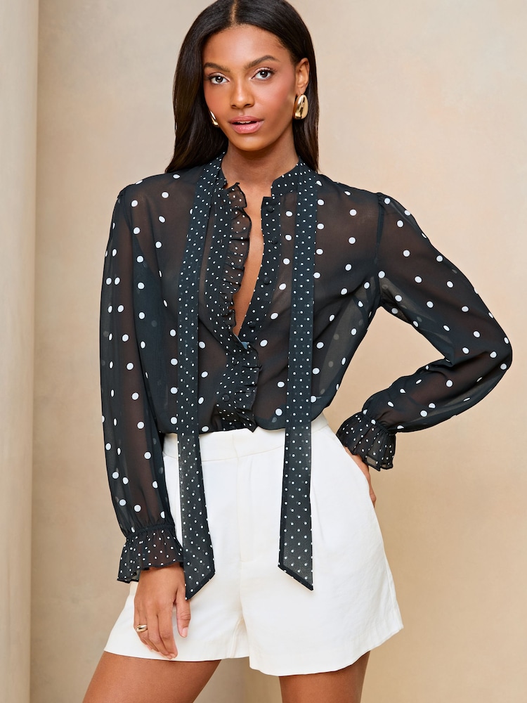 Lipsy Black White Polka Dot Sheer High Neck Ruffle Blouse - Image 1 of 4