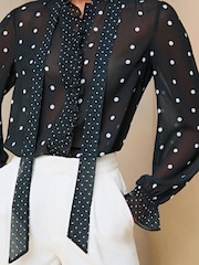 Lipsy Black White Polka Dot Sheer High Neck Ruffle Blouse - Image 4 of 4