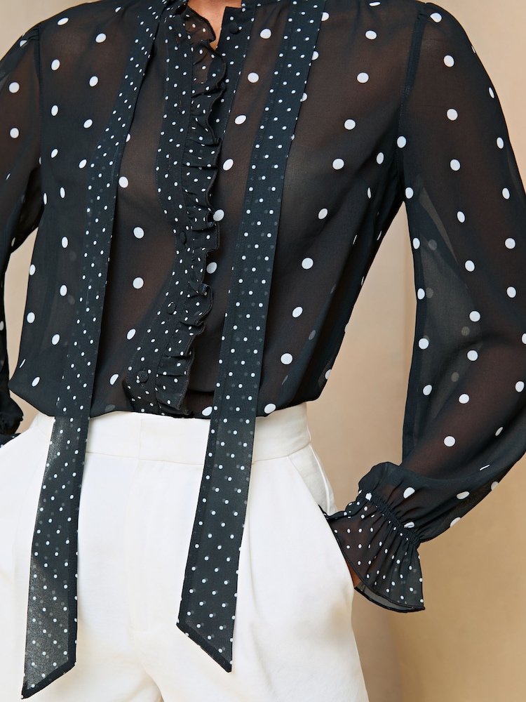 Lipsy Black White Polka Dot Sheer High Neck Ruffle Blouse - Image 4 of 4