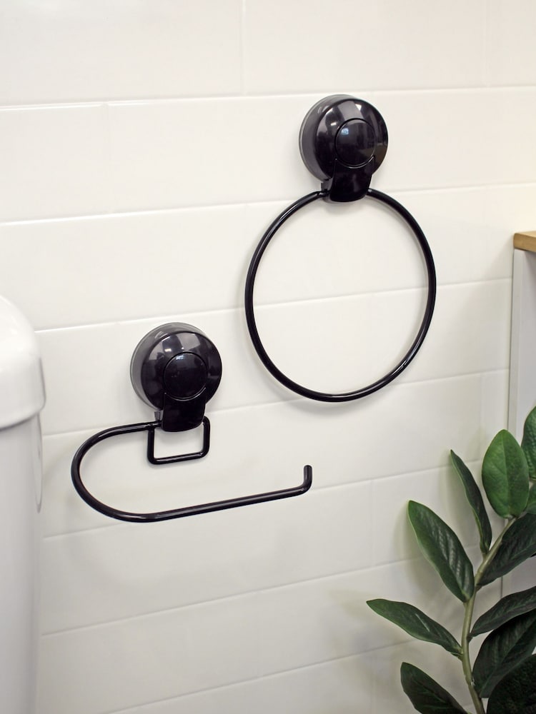 Showerdrape Black Suctionloc Set Of 2 Toilet Roll Holder and Towel Ring - Image 1 of 4