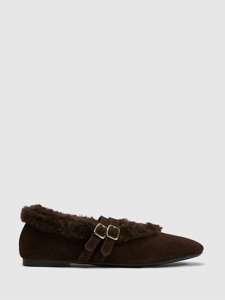 Schuh Brown Leni Suede Shearling Ballet Shoes - Image 1 of 4