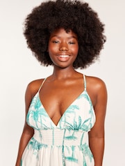Victoria's Secret Green/Ecru Tropical Palm Print Halterneck Dress - Image 2 of 5