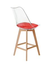 Fusion Living Set of 2 Red Soho Clear Plastic Bar Stools with Light Wood Legs - Image 4 of 5