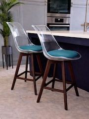 Fusion Living Set of 2 Teal Soho Clear Plastic Bar Stools with Dark Wood Legs - Image 1 of 5